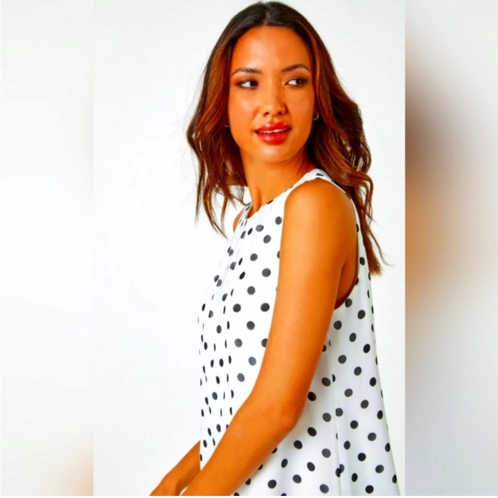 Rose + Olive White Sleeveless Blouse with Black Polka Dots & Stripes | 2-Layer